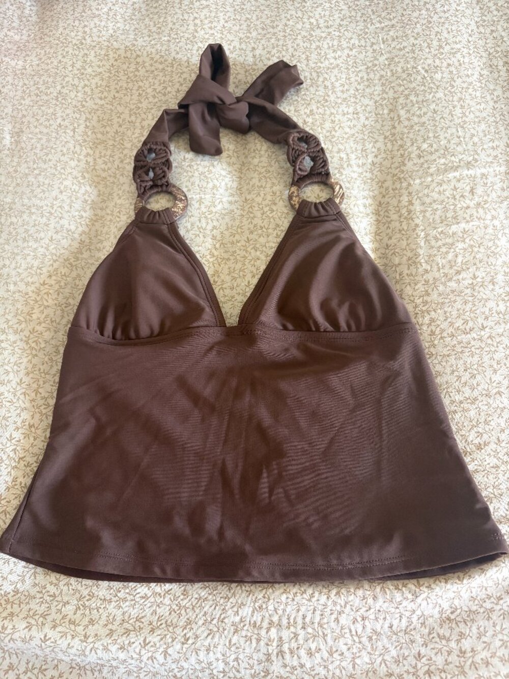 Sand N Sun Brown Halter Tankini Swim Top Ring Detail Size Small